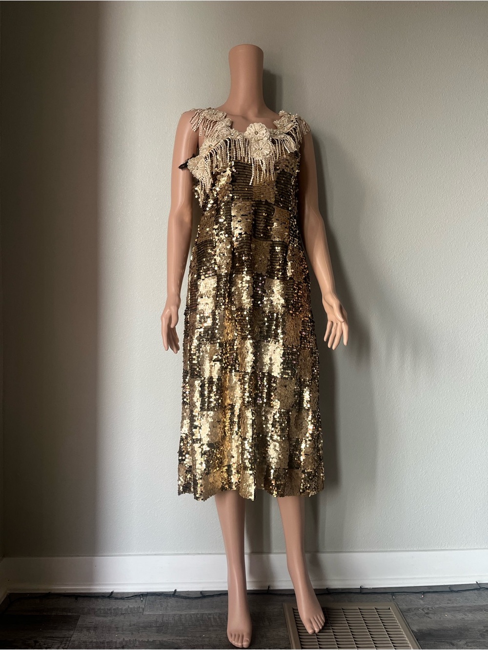 ZYIA Gold Sequin Sleeveless Dress with Beaded Floral Neckline